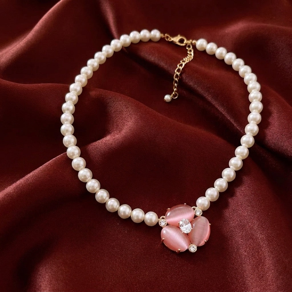 Sakura Pink Cat Eye Pearl Necklace