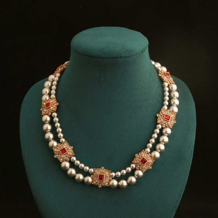 Vintage Floral Double Pearl Necklace