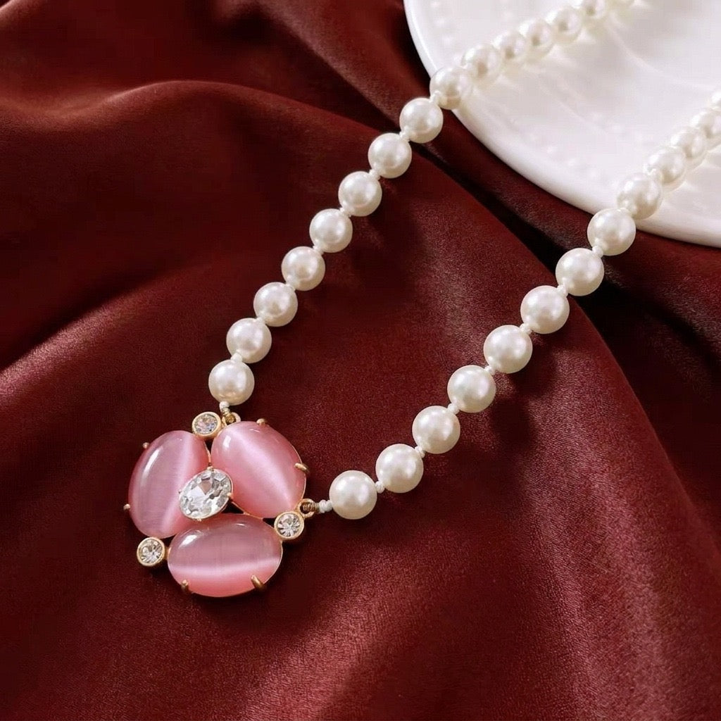 Sakura Pink Cat Eye Pearl Necklace